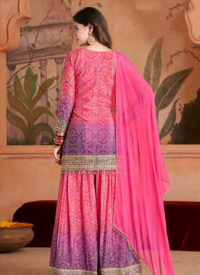 Stylish bandhani printed chinon sharara suit in pink