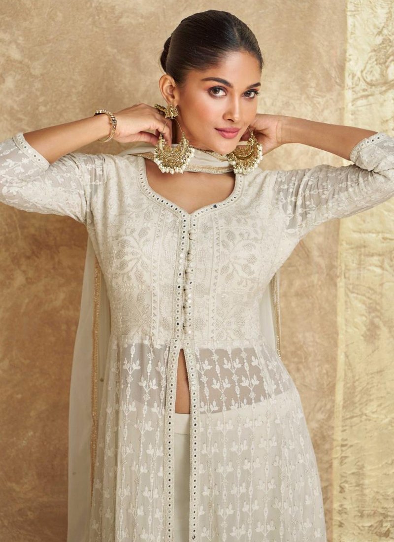 Stylish heavy embroidered georgette anarkali suit with palazzo in white