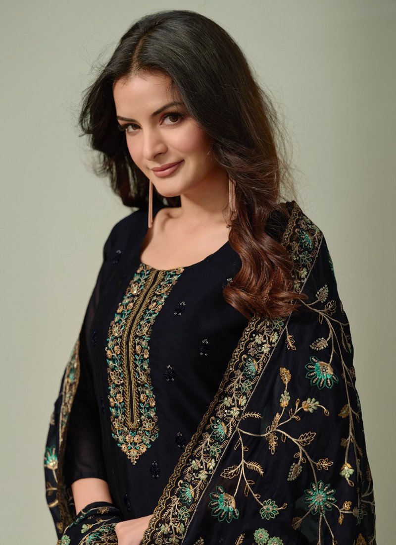 Exquisite heavy embroidered silk georgette pant suit in black