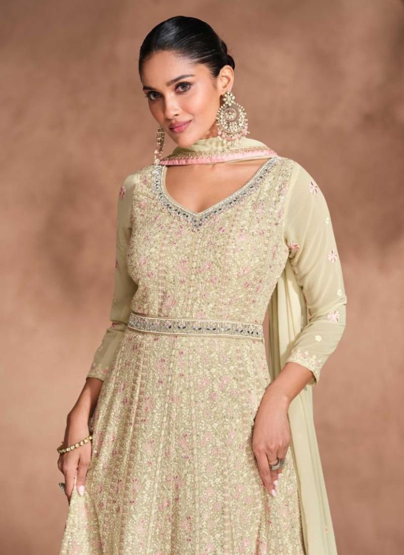 Beautiful chikankari embroidered georgette anarkali suit in cream