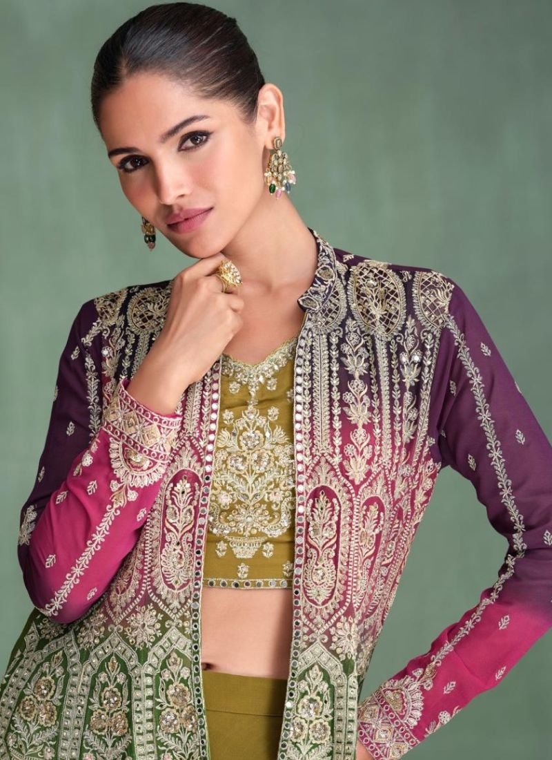 Trendy embroidered georgette crop top with long shrug in purple