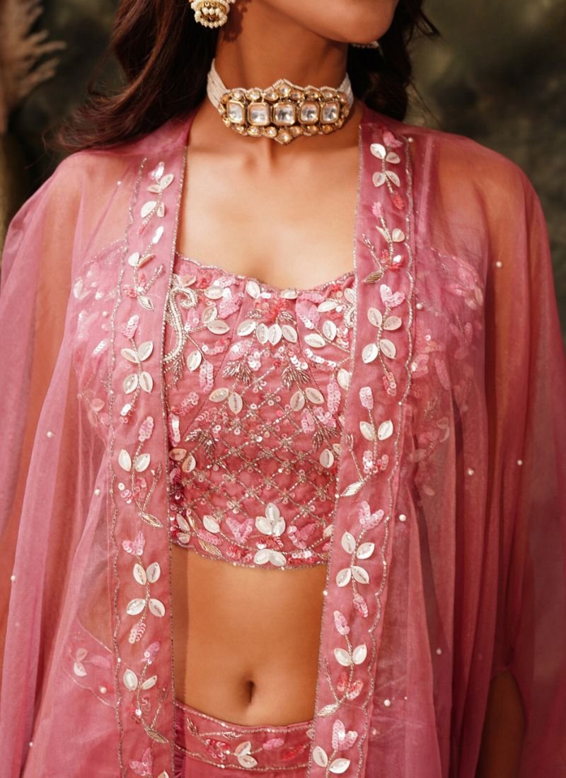 Stunning hand embroidered pure satin crop top in nude pink