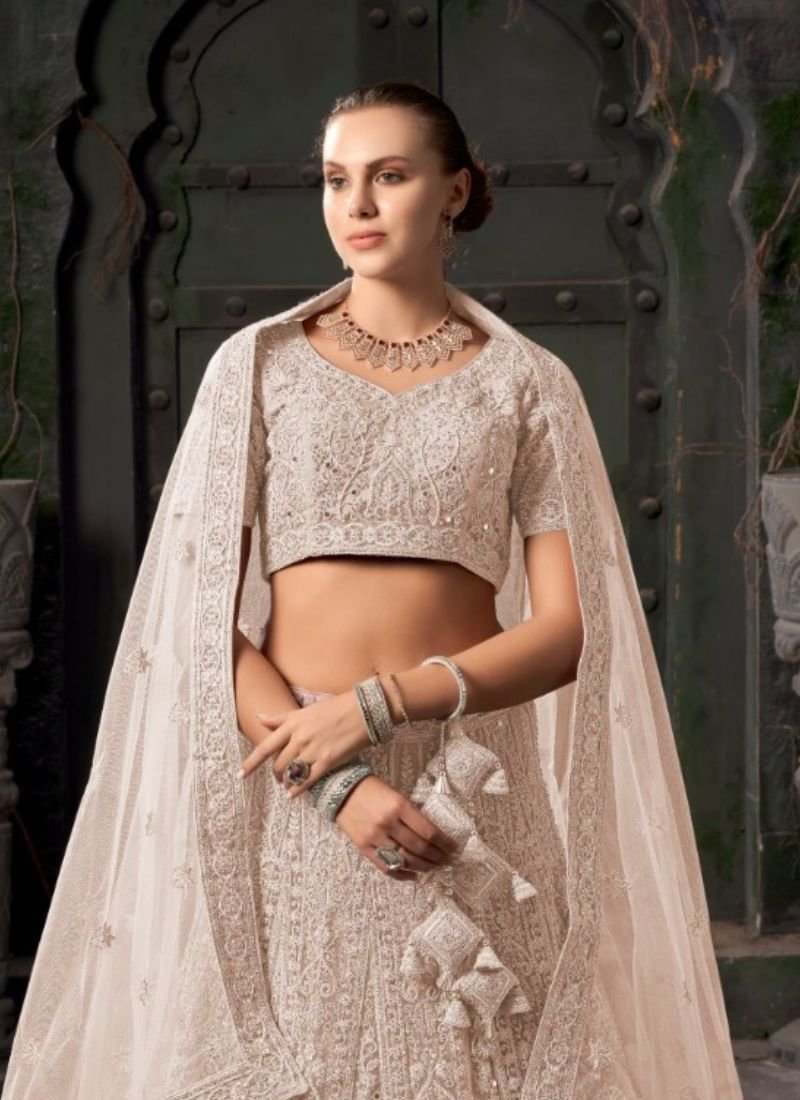 Premium heavy net zarkan embroidered lehenga in cream