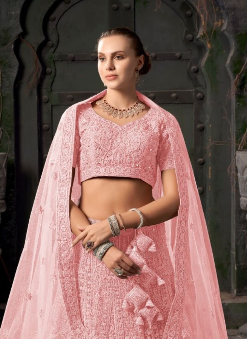 Premium heavy net zarkan embroidered lehenga in light pink