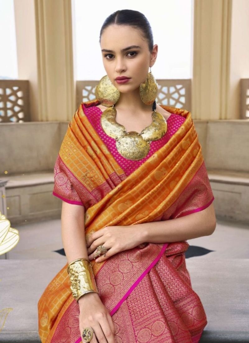 Beautiful hand woven banarasi silk saree in orange