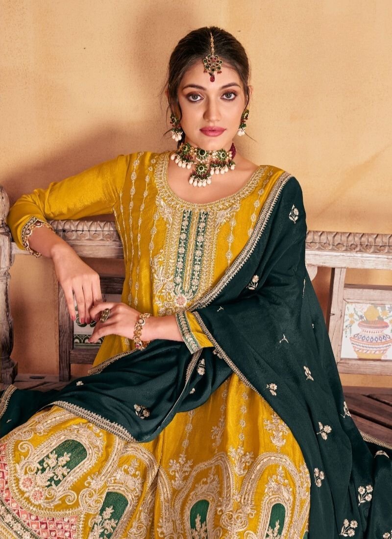 Designer heavy thread embroidered chinon kurta palazzo suit in yellow