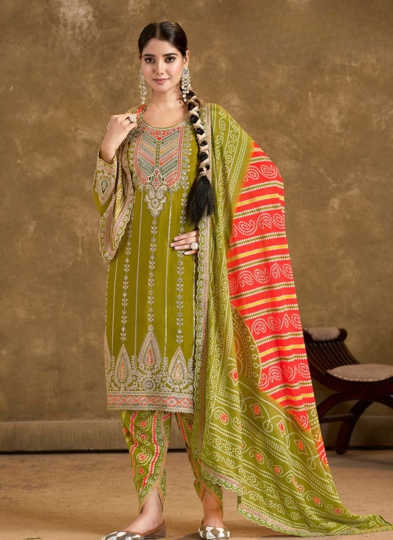 Premium hand mirror embroidered chinon salwar suit in light green