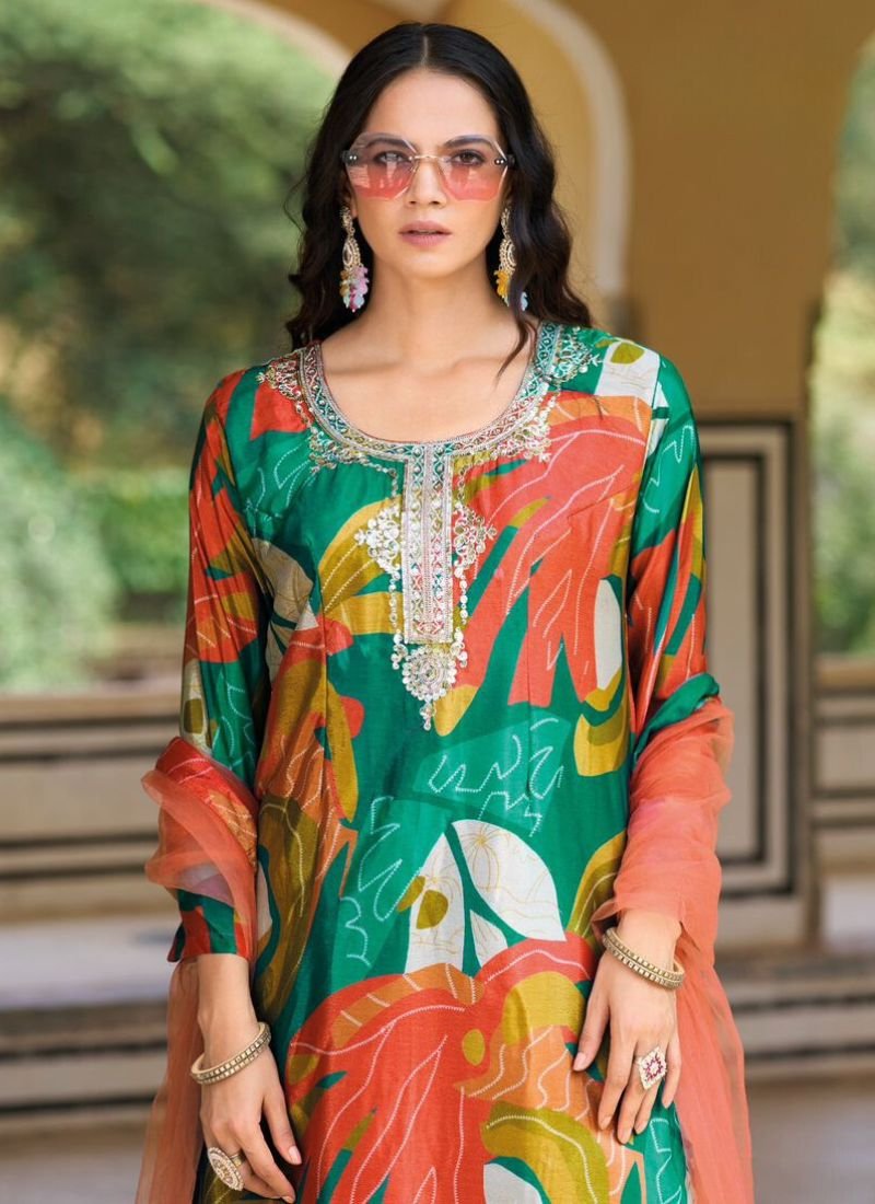 Stunning digital printed real chinon sharara suit in dark green