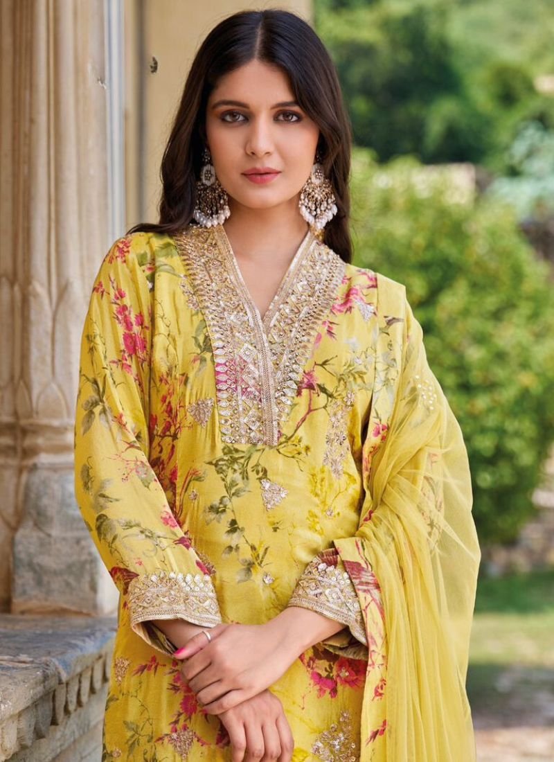 Stunning digital printed real chinon sharara suit in Yellow