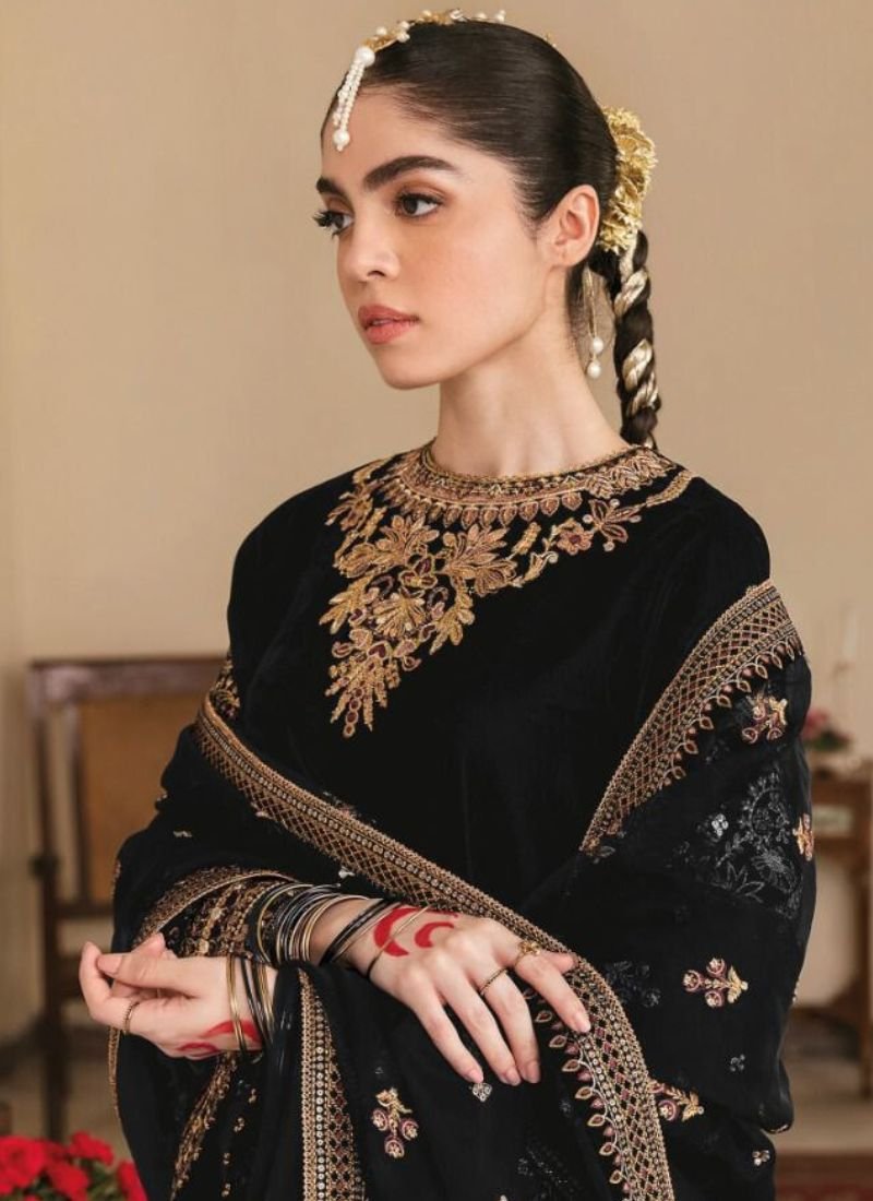 Exquisite heavy embroidered velvet salwar suit in black