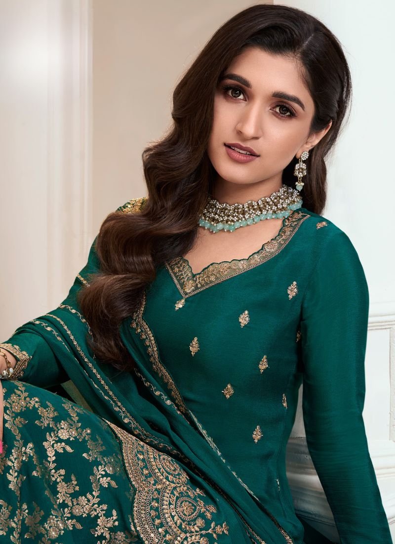 Beautiful jacquard floral embroidered chinon sharara suit in dark green