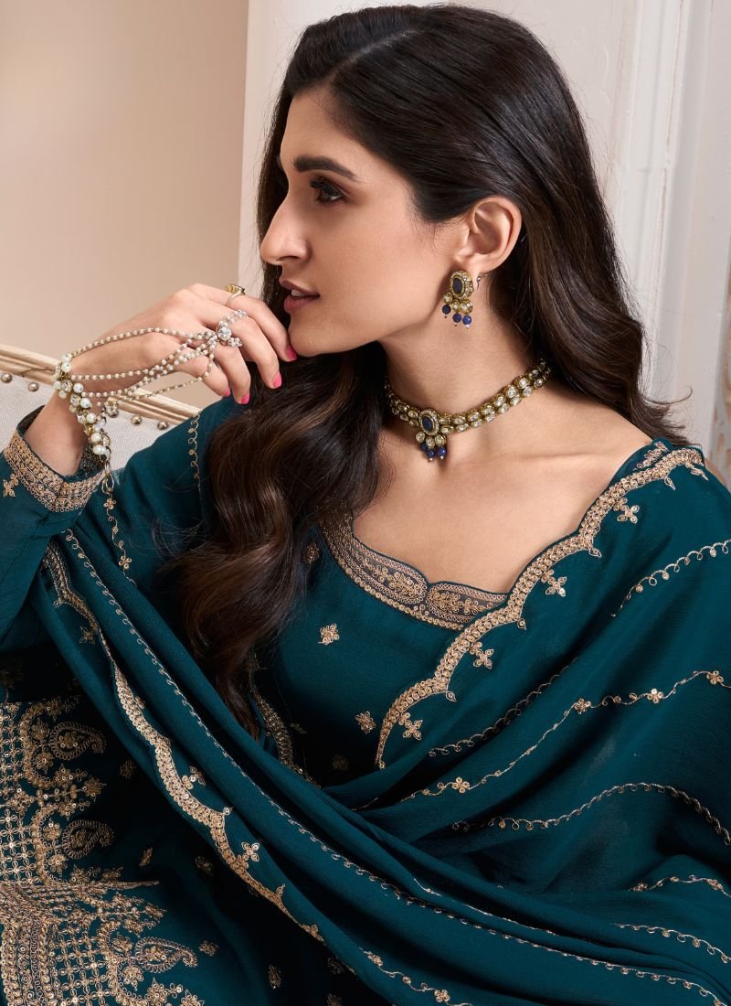 Beautiful jacquard floral embroidered chinon sharara suit in dark blue