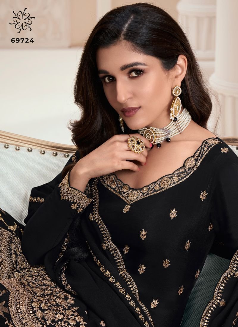 Beautiful jacquard floral embroidered chinon sharara suit in black