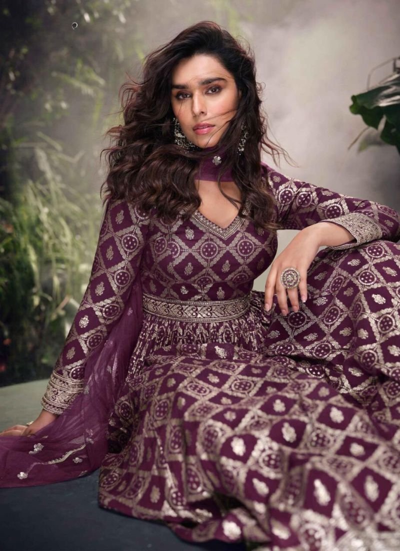 Designer embroidery viscose jacquard Anarkali Suit in dark purple