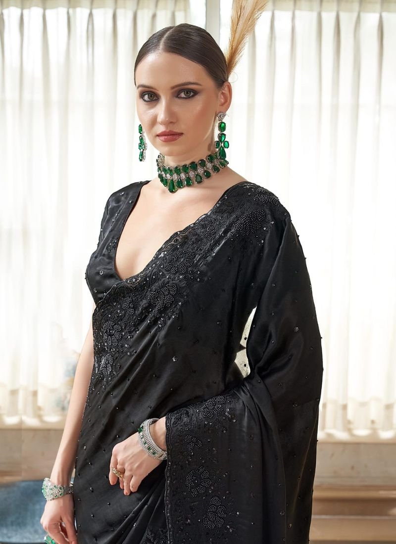 Exquisite hand woven tissue silk saree in black