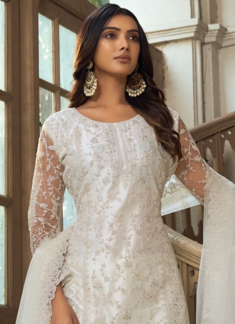 Beautiful heavy embroidered butterfly net kurta palazzo suit in white