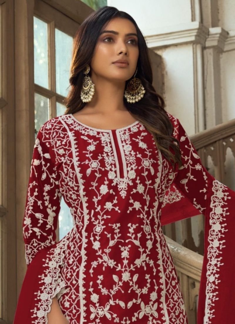 Beautiful heavy embroidered butterfly net kurta palazzo suit in red