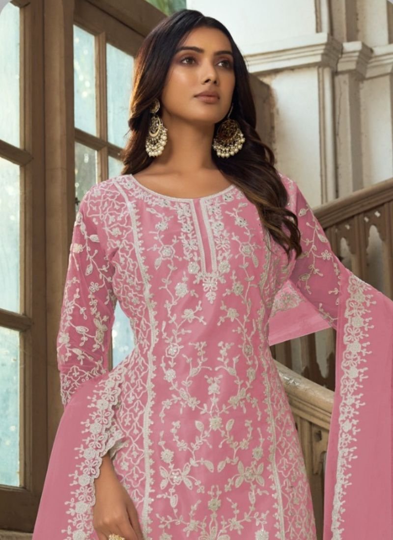 Beautiful heavy embroidered butterfly net kurta palazzo suit in baby pink