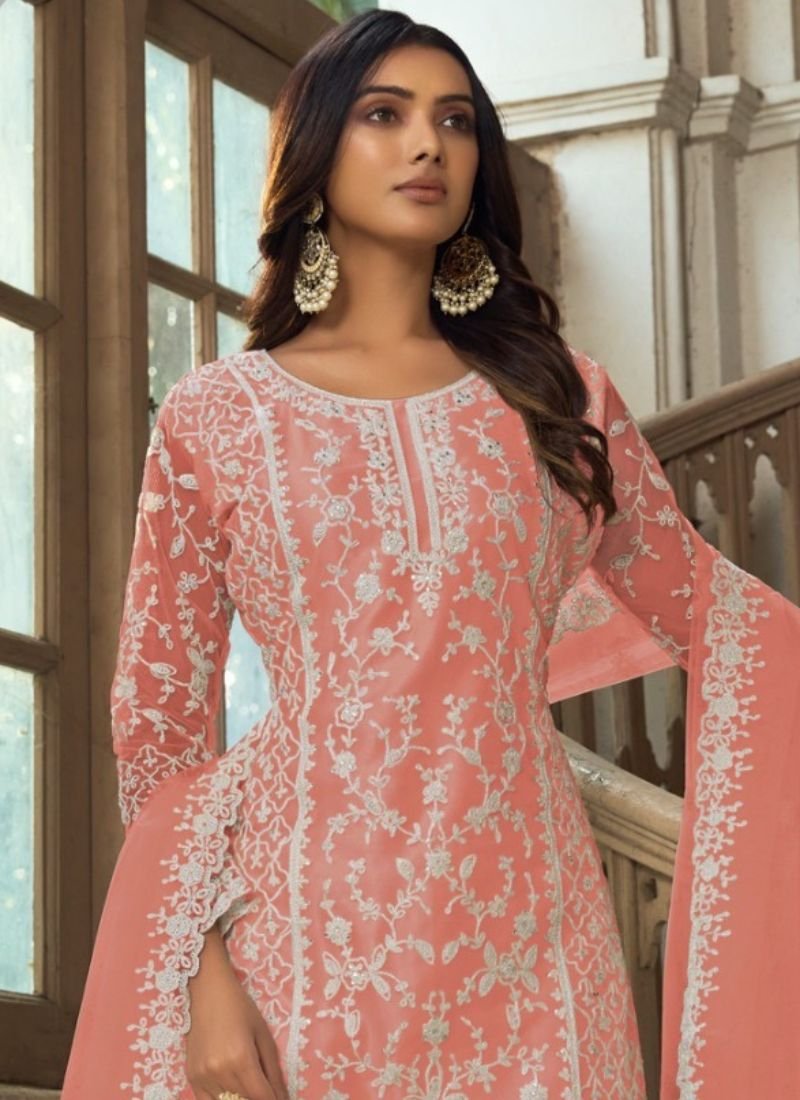 Beautiful heavy embroidered butterfly net kurta palazzo suit in peach pink