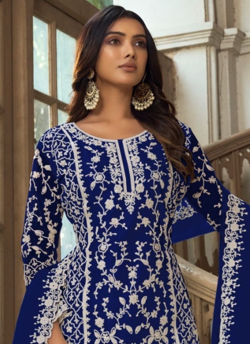 Beautiful heavy embroidered butterfly net kurta palazzo suit in royal blue