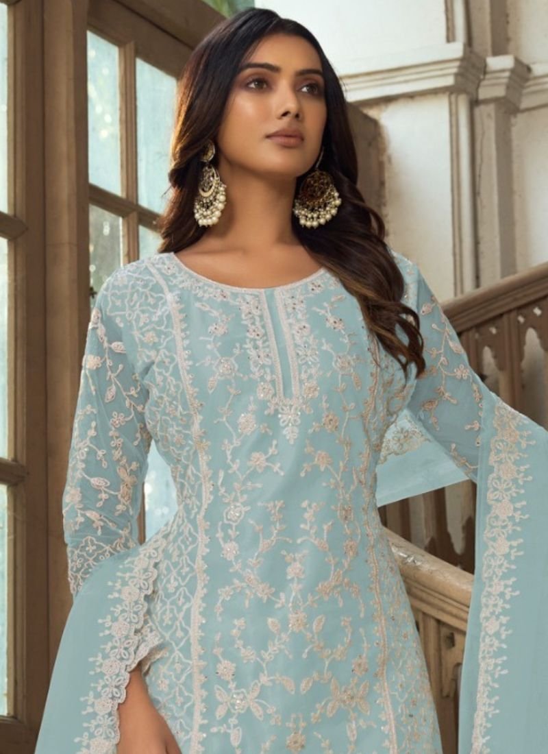 Beautiful heavy embroidered butterfly net kurta palazzo suit in sky blue