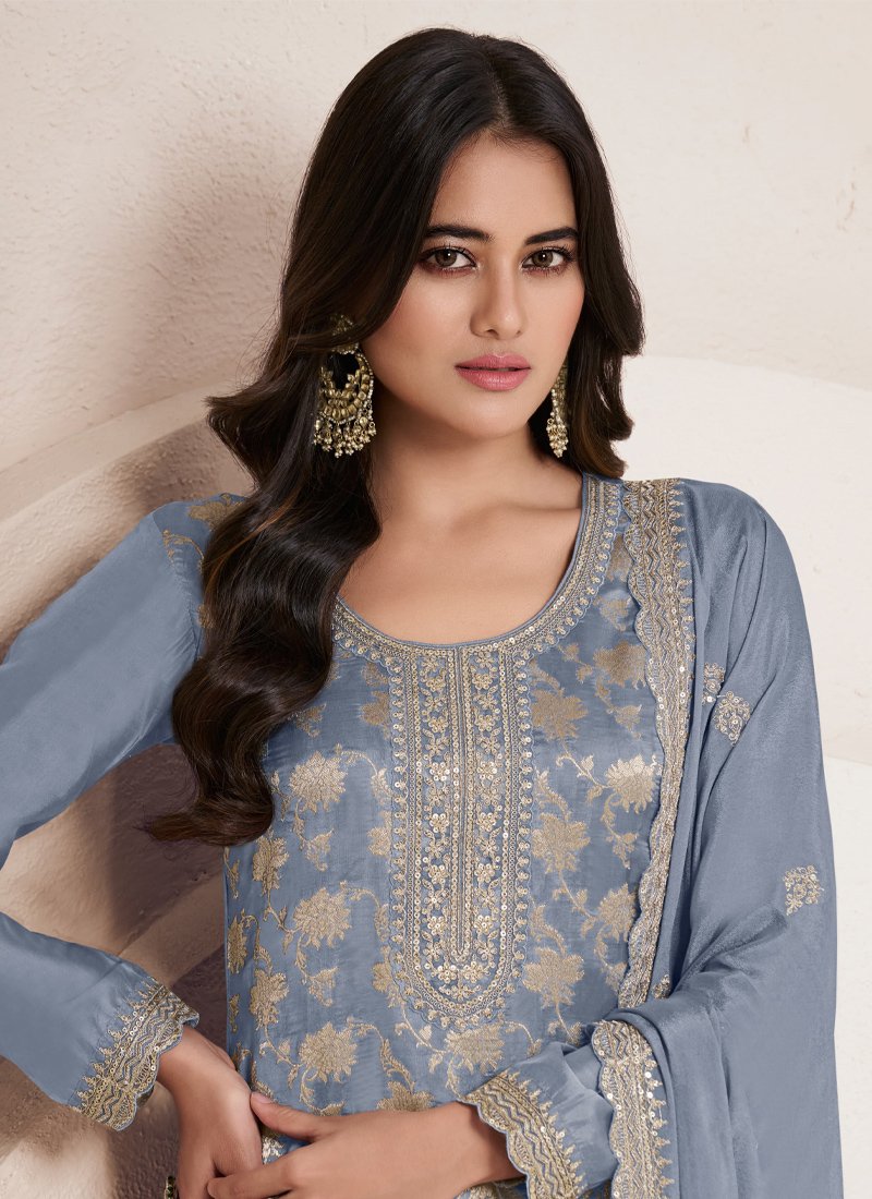 Exquisite Jacquard printed silk salwar suit in blue