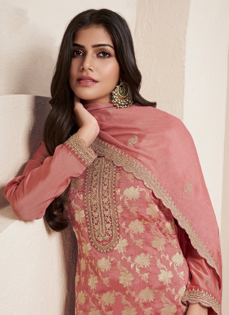 Exquisite Jacquard printed silk salwar suit in peach