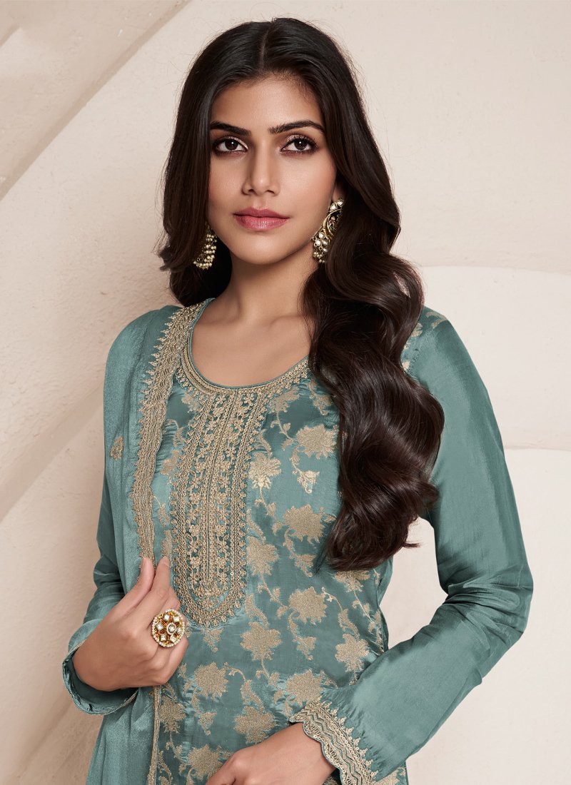 Exquisite Jacquard printed silk salwar suit in green