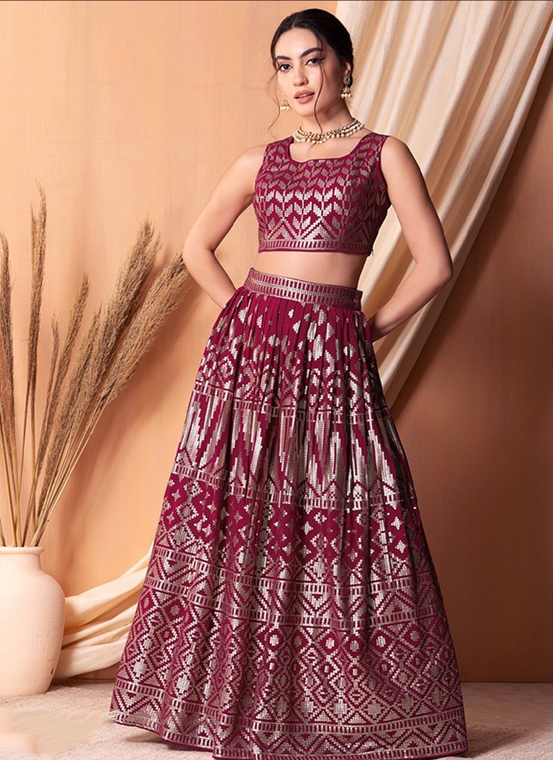 Beautiful thread embroidered georgette lehenga in magenta