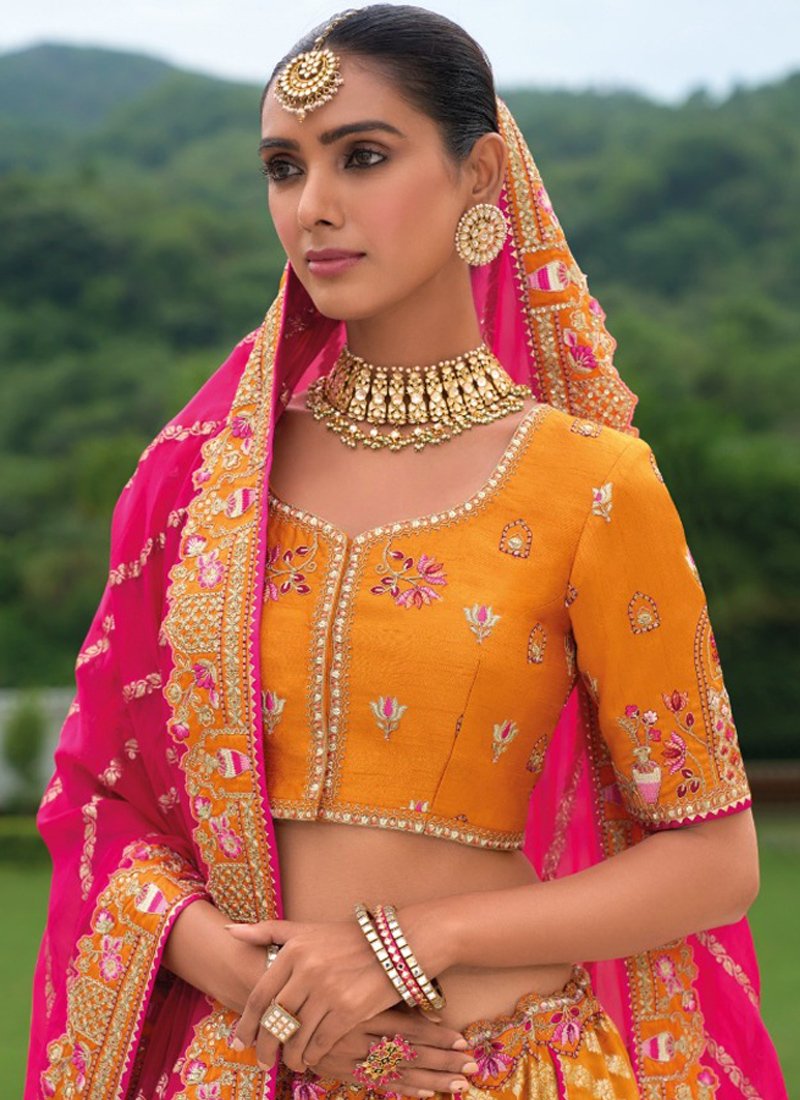 Beautiful printed embroidered silk lehenga in pink