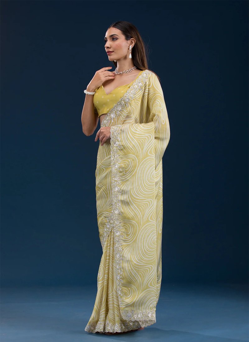 Trendy digital printed georgette saree in light yellow