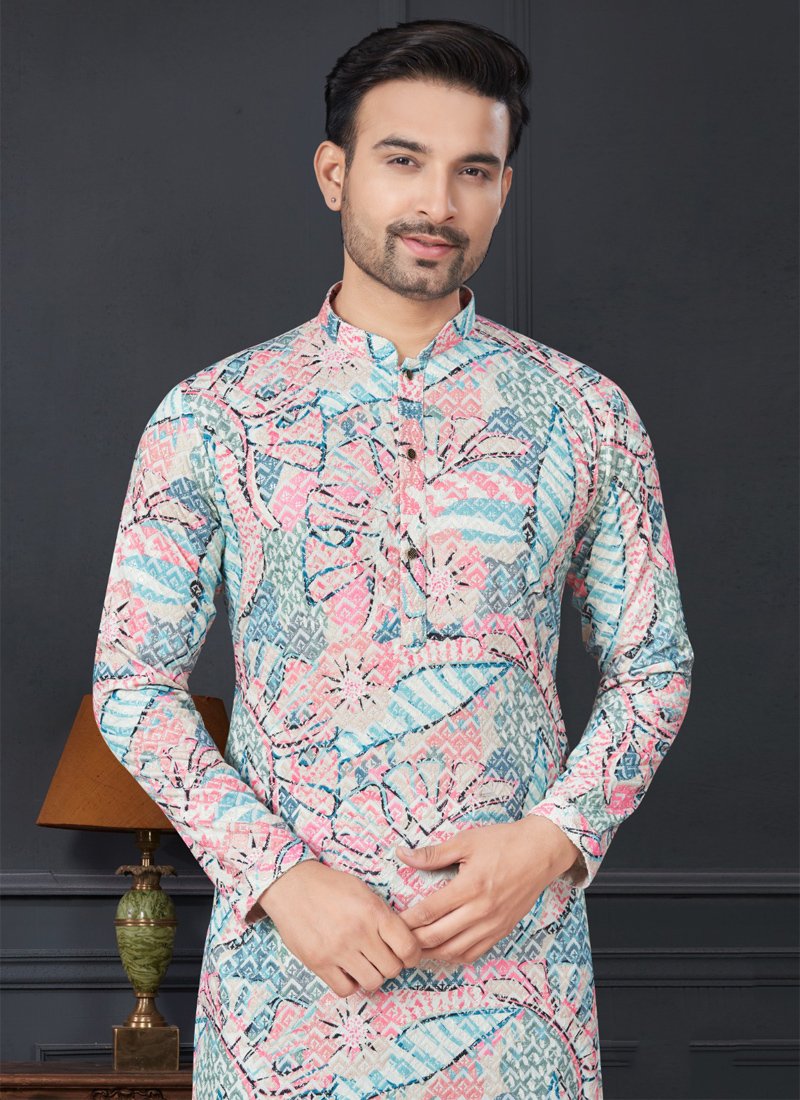 Rayon Straight Cut Printed Men's Kurta Churidar in baby pink