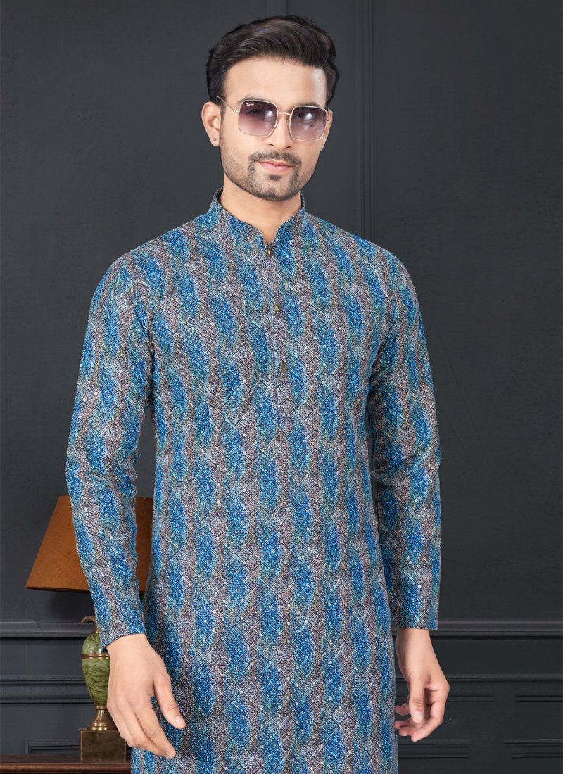 Rayon Straight Cut Printed Men's Kurta Churidar in dark blue