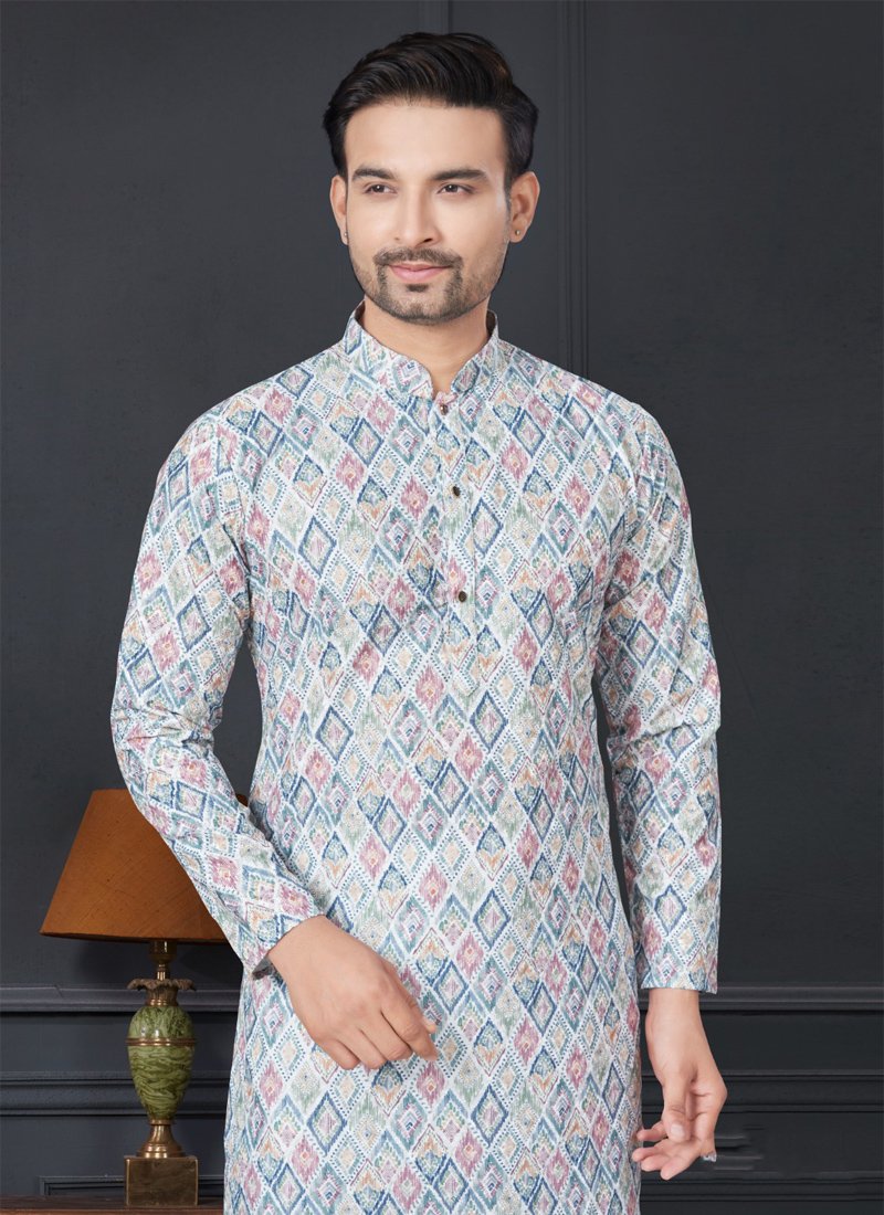 Rayon Straight Cut Printed Men's Kurta Churidar in light blue