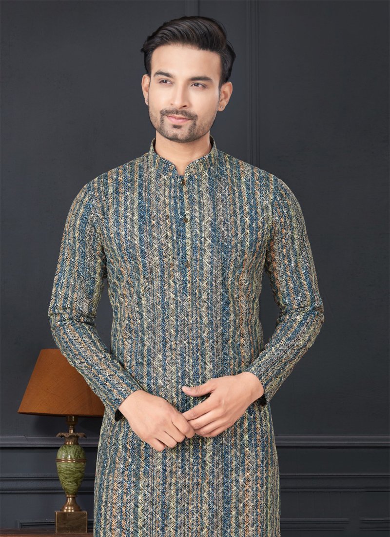 Rayon Straight Cut Printed Men's Kurta Churidar in mehandi green