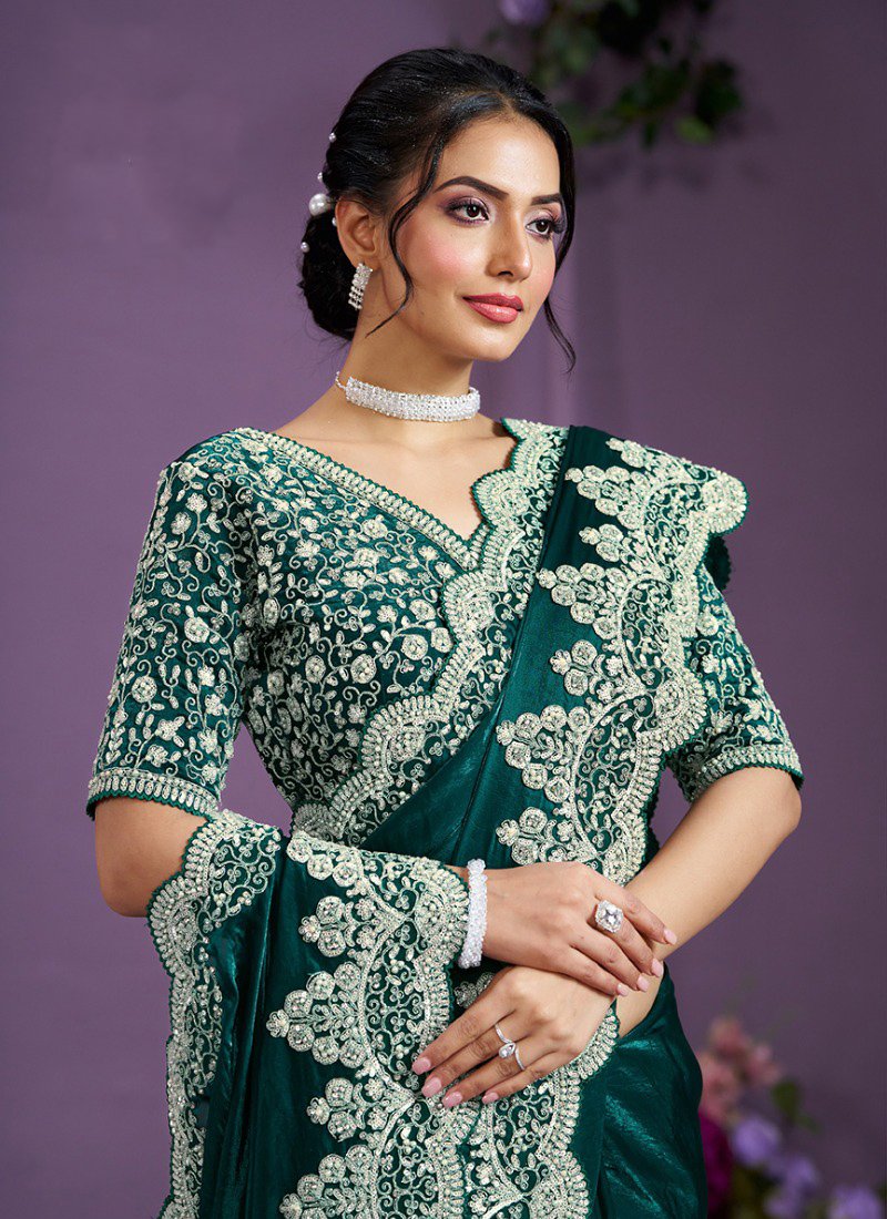 Luxury heavy embroidered satin silk saree in dark green