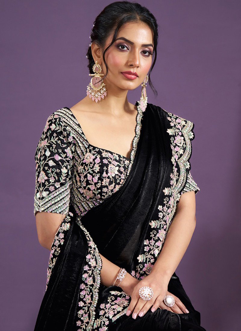 Luxury heavy embroidered satin silk saree in black