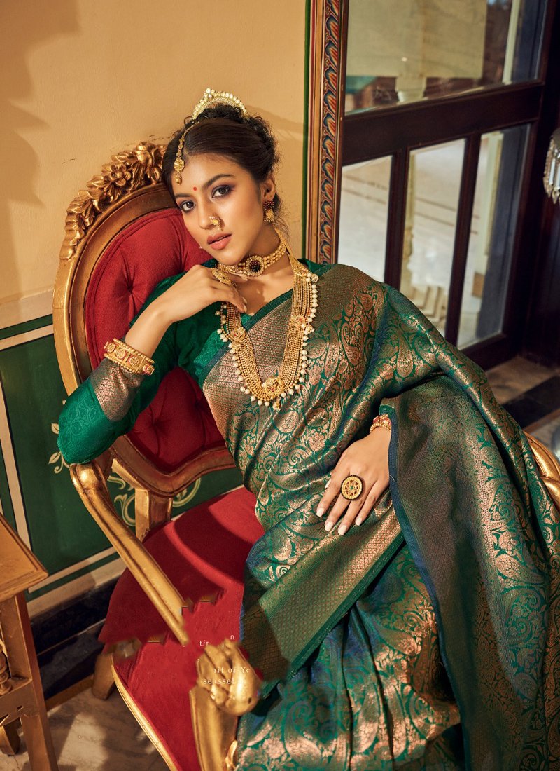 Elegant Copper Zari Embroidered Soft Silk Handloom Saree in dark green