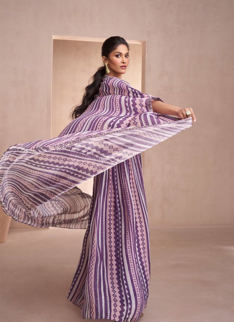 Heavy Embroidered Crop Top and Palazzo with Long Printed Shrug in purple