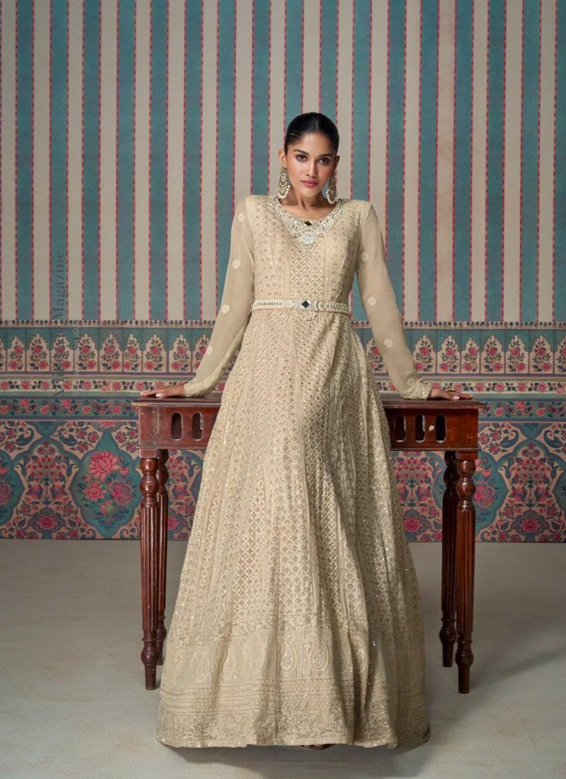 Beautifully embroidered real georgette gown in cream