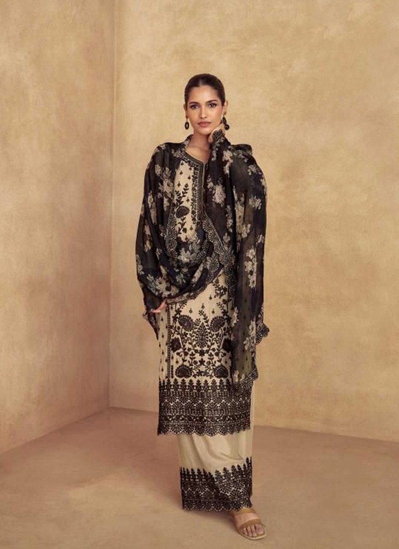 Exquisite thread embroidered chinon silk kurta palazzo suit in cream