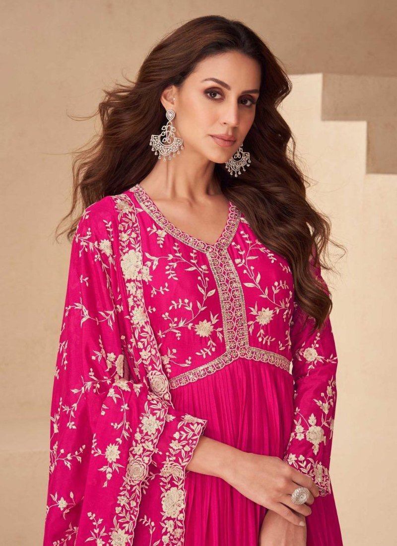 Beautifully embroidered anarkali style gown with dupatta in pink