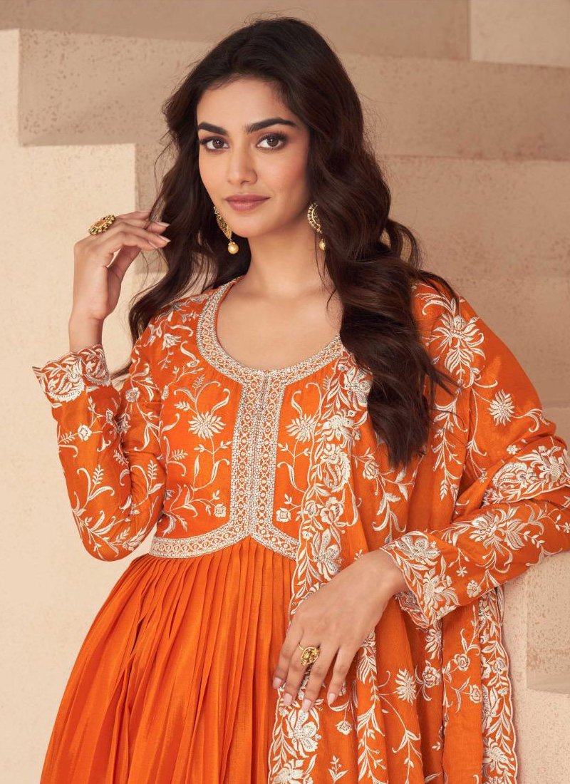 Beautifully embroidered anarkali style gown with dupatta in orange