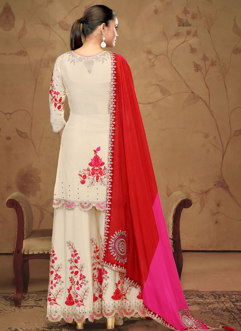 Premium Fiber Chinnon kurta palazzo Suit with Applique and Mirror Work in cream