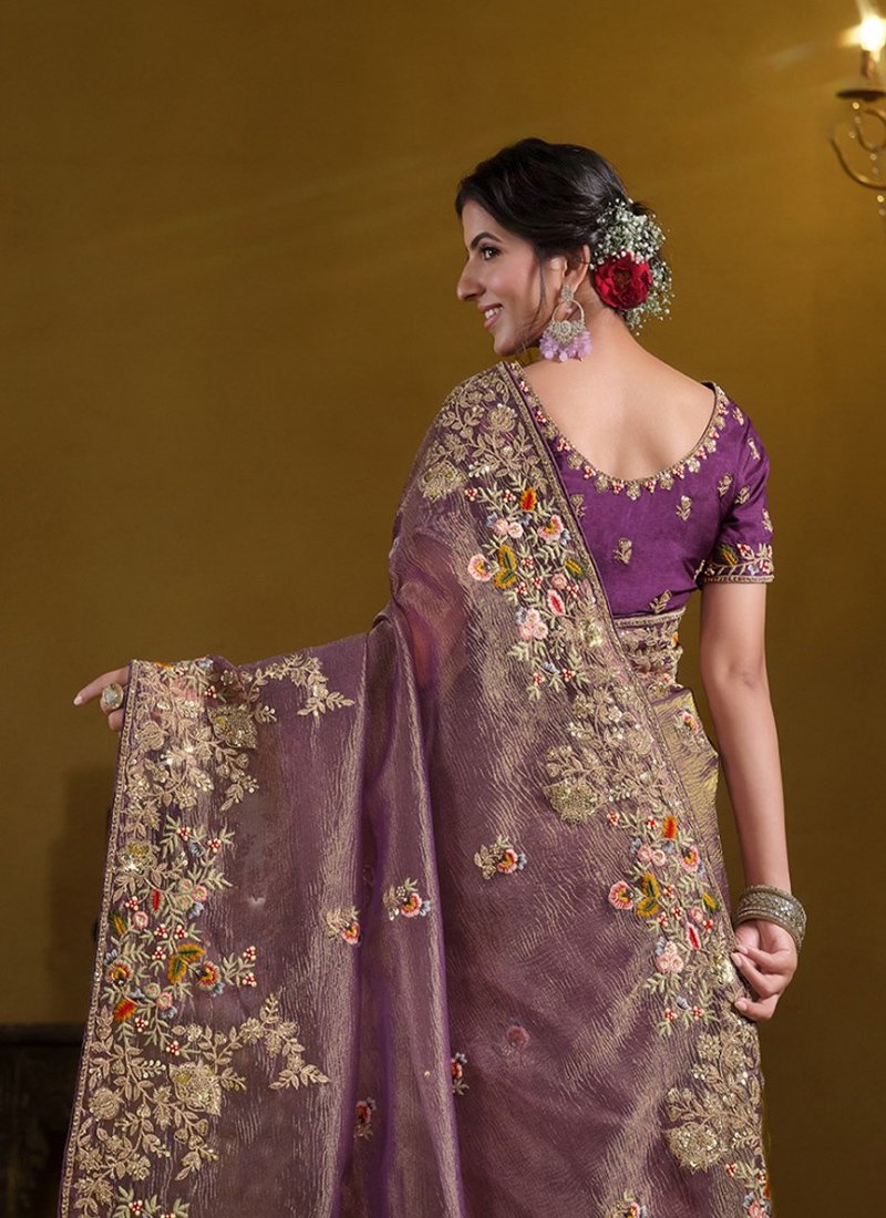 Beautiful Pure Khati Work Zari Organza Silk Saree in purple