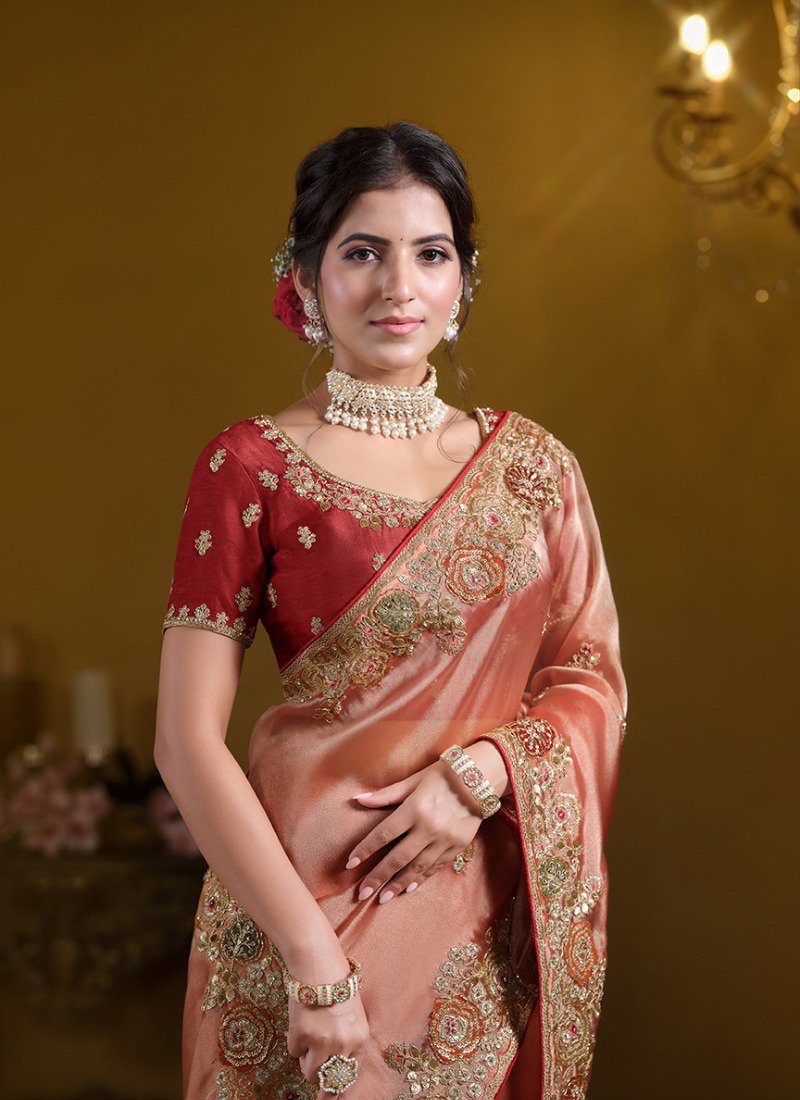 Beautiful Pure Khati Work Zari Organza Silk Saree in peach