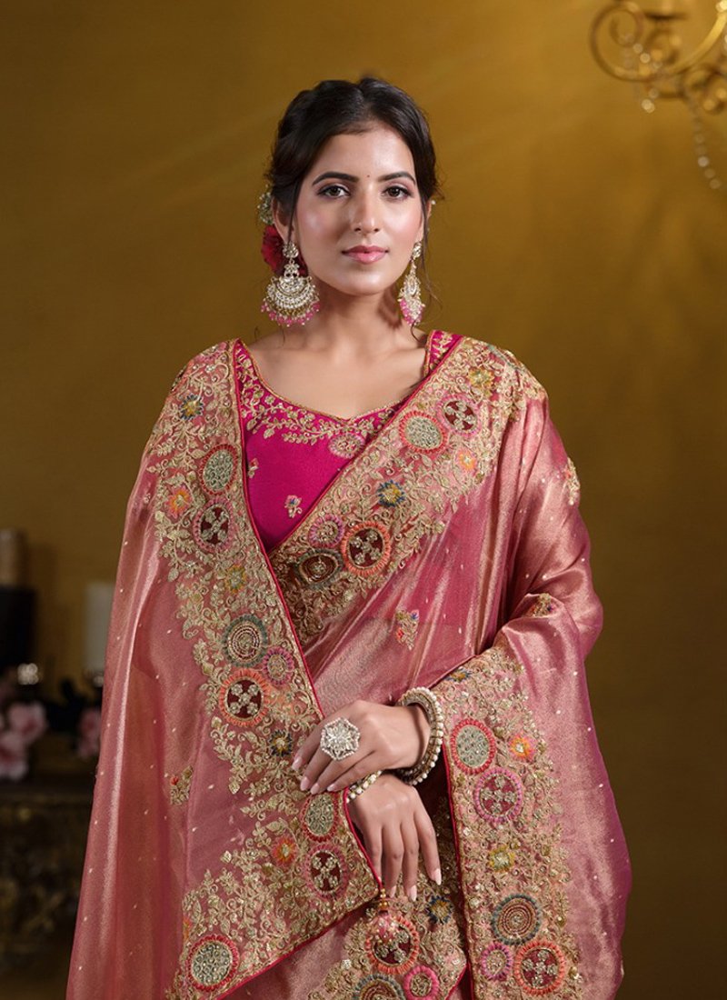 Beautiful Pure Khati Work Zari Organza Silk Saree in pink