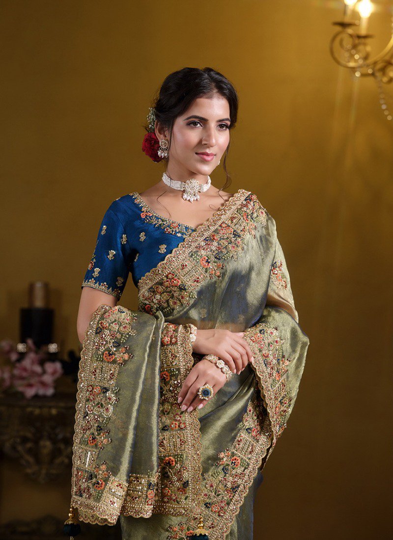 Beautiful Pure Khati Work Zari Organza Silk Saree in light green