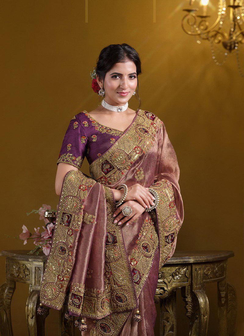 Beautiful Pure Khati Work Zari Organza Silk Saree in light purple