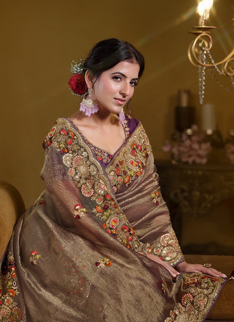 Beautiful Pure Khati Work Zari Organza Silk Saree in brown